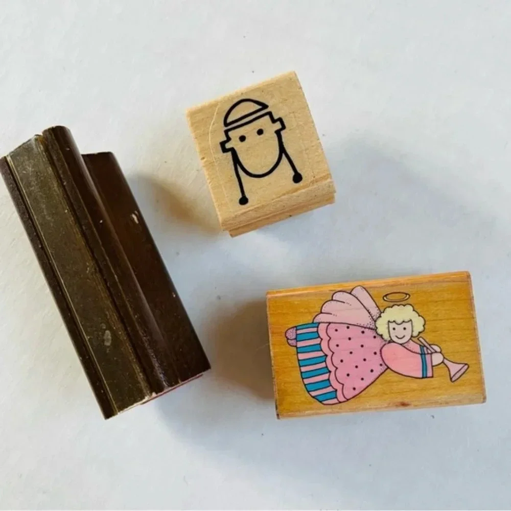 Wooden Rubber Stamp Angel Trumpet Monkey Fishin Lot of 3 Scrapbooking Arts Craft